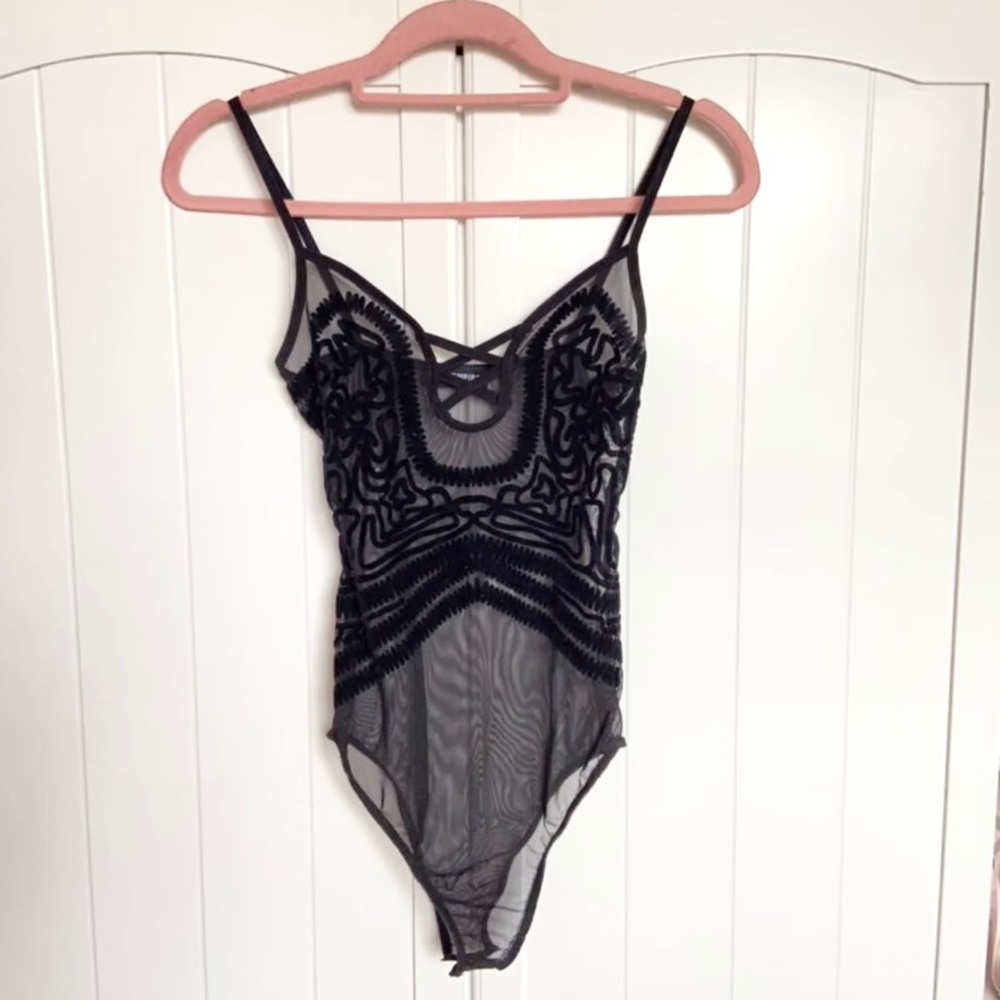 Black mesh and velvet bodysuit